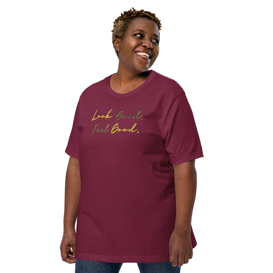 Minimal motivational maroon graphic t-shirt in script font