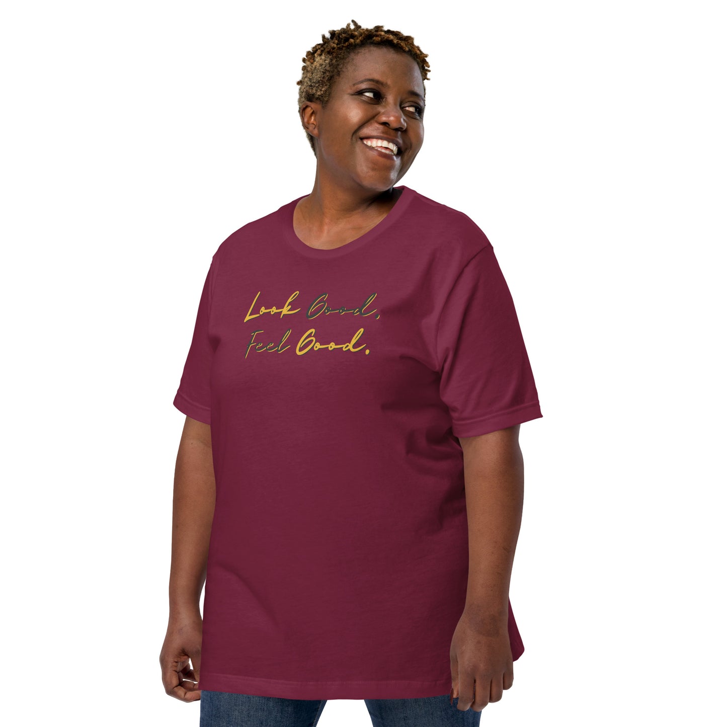 Minimal motivational maroon graphic t-shirt in script font