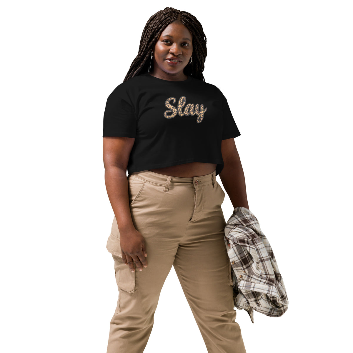 Black Slay crop top styled with khaki high-waisted cargo pants