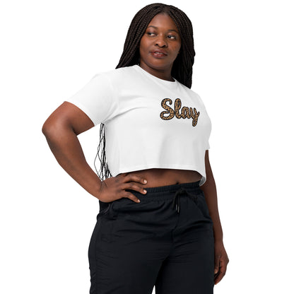 White Slay crop top styled with black high-waisted joggers
