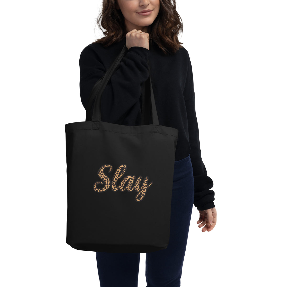 Black Slay dual handle canvas tote bag featuring leopard-print script