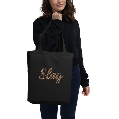 Black Slay dual handle canvas tote bag featuring leopard-print script